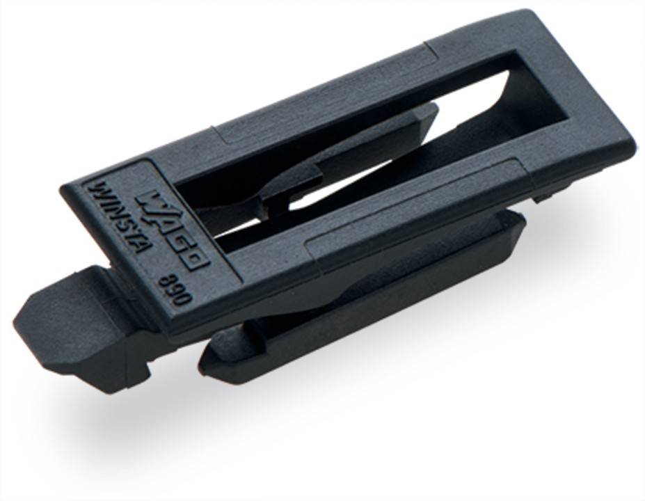 Eine schwarze WAGO WINSTA GeräteClip, mit der Bezeichnung '890', entwickelt zur Sicherung elektrischer Verbinder, vor einem weißen Hintergrund abgebildet.