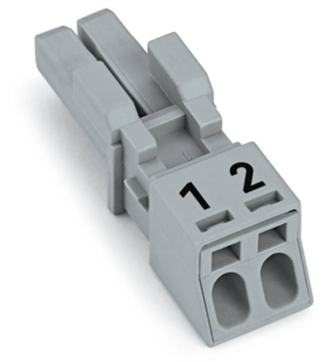 Zwei-Pin-Elektroverbinder mit den Nummern 1 und 2, die auf der Oberseite beschriftet sind und zwei Schlitze für Drahtverbindungen aufweisen, geeignet für Schaltkreise.
