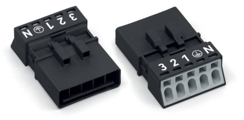 Zwei Automotive-Steckverbinder, an denen die Zahlen '2', '3' und '5' sichtbar sind. Der linke Steckverbinder ist schwarz, und der rechte Steckverbinder ist teilweise weiß.