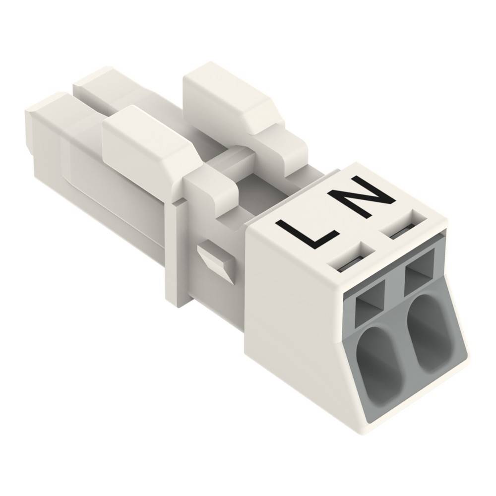 Eine Nahaufnahme eines weißen elektrischen Anschlusses mit der Beschriftung 