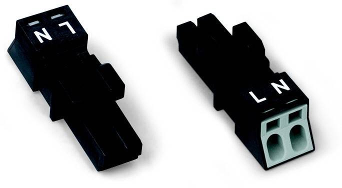 Zwei schwarze Elektrostecker-Stecker auf weißem Hintergrund gezeigt, eine Seite mit N und L gekennzeichnet und einer grauen zweilöchrigen Vorderseite.