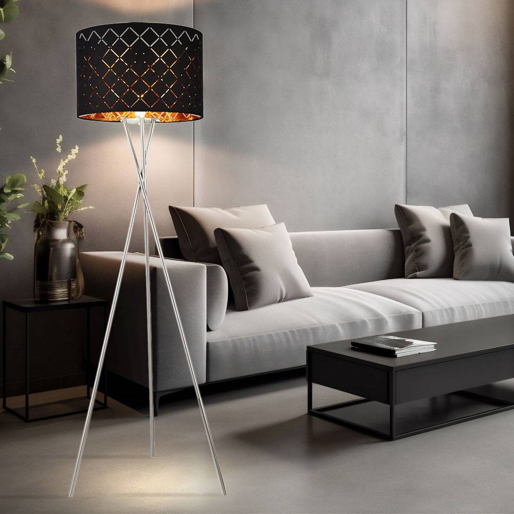 Stehlampe Textilschirm schwarz gold Beistellleuchte 3 Bein Stativleuchte Textil, Nickel matt, E27 Fassung, DxH 62x158 cm