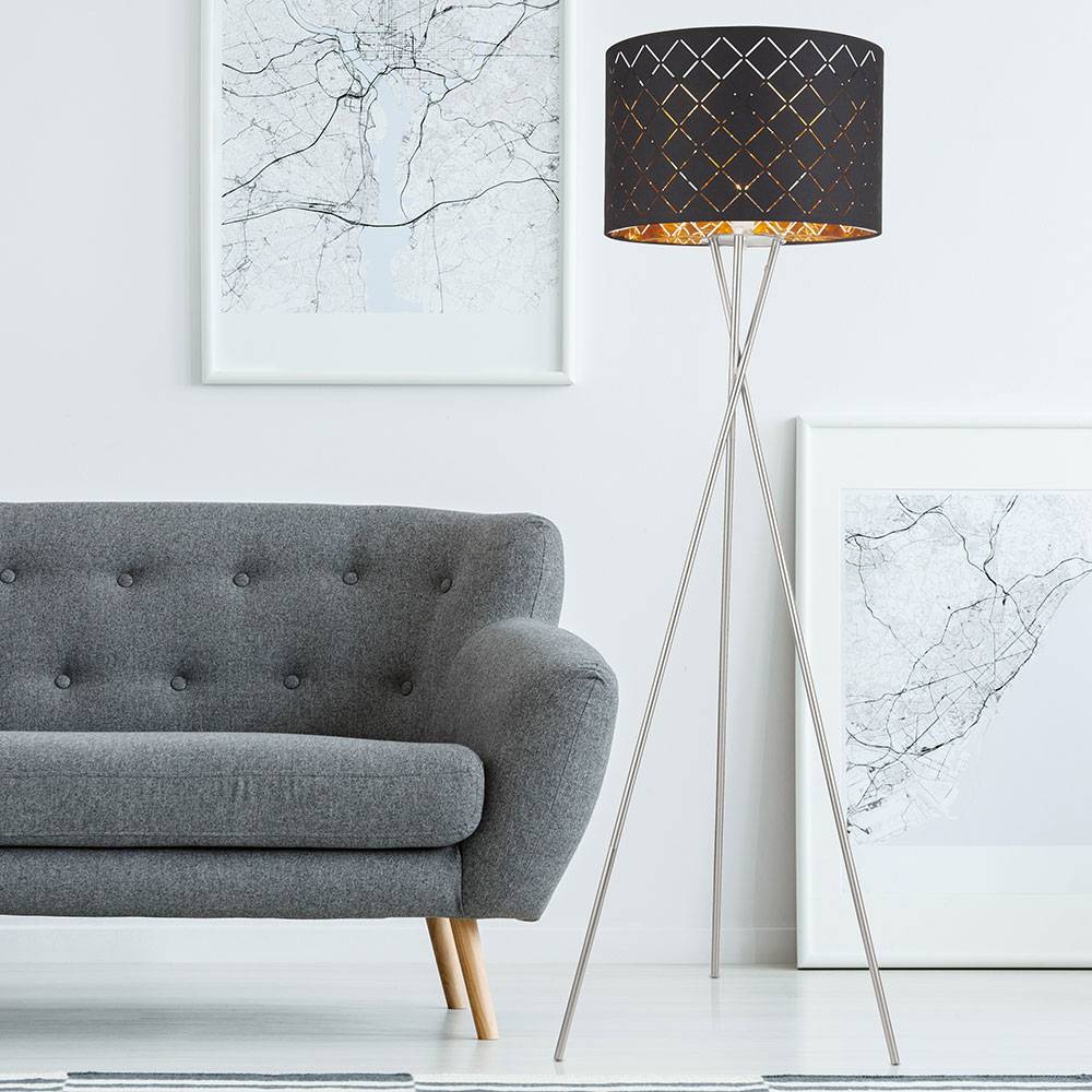 Stehlampe Textilschirm schwarz gold Beistellleuchte 3 Bein Stativleuchte Textil, Nickel matt, E27 Fassung, DxH 62x158 cm