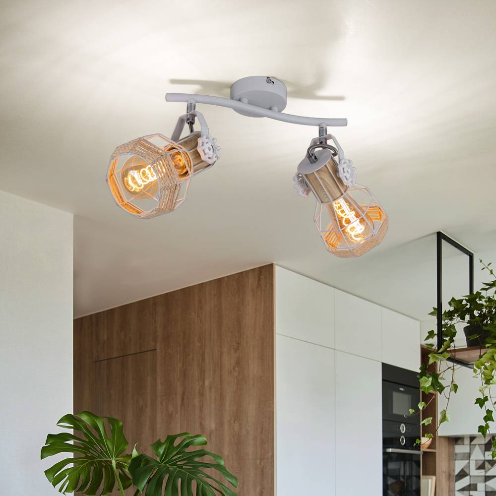 Deckenleuchte Holzoptik Spotleuchte Strahler schwenkbar Deckenlampe weiß, Metall, 2x E27 Fassungen, LxBxH 29,6x23x19 cm