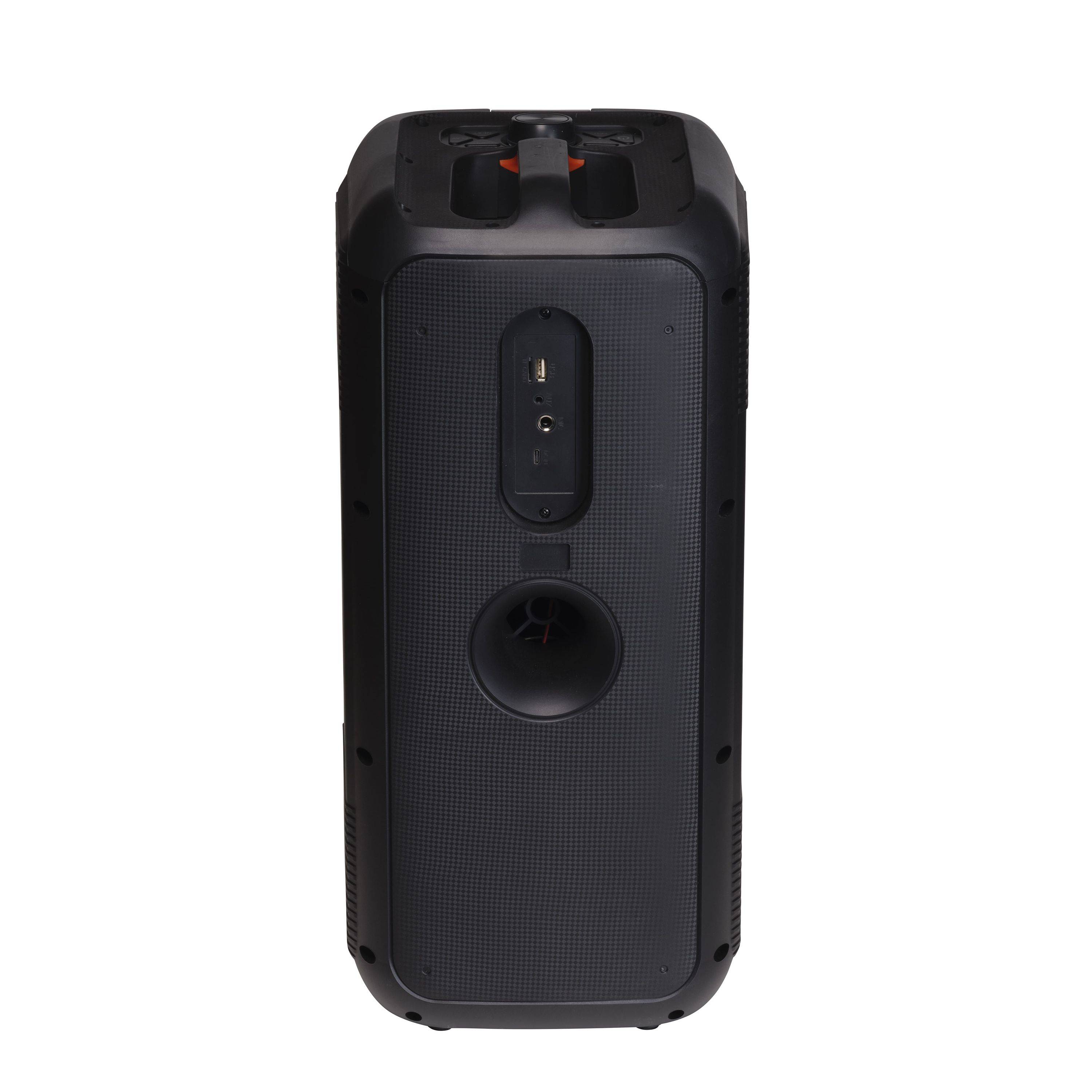 Tragbarer schwarzer Bluetooth-Lautsprecher mit oberer Griffleiste, vorderer Bedienfeld und großem kreisförmigen Bassanschluss vor weißem Hintergrund