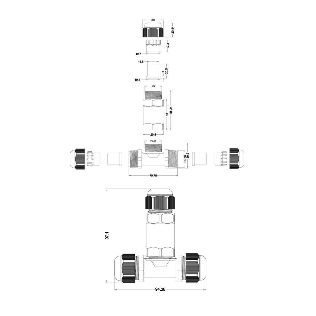 Kabelmuffe Abzweigdose Kabelverbinder Kabeldose Kabelbox T-Form IP68 Wasserdicht Indoor & Outdoor Erdkabel 4 Pin
