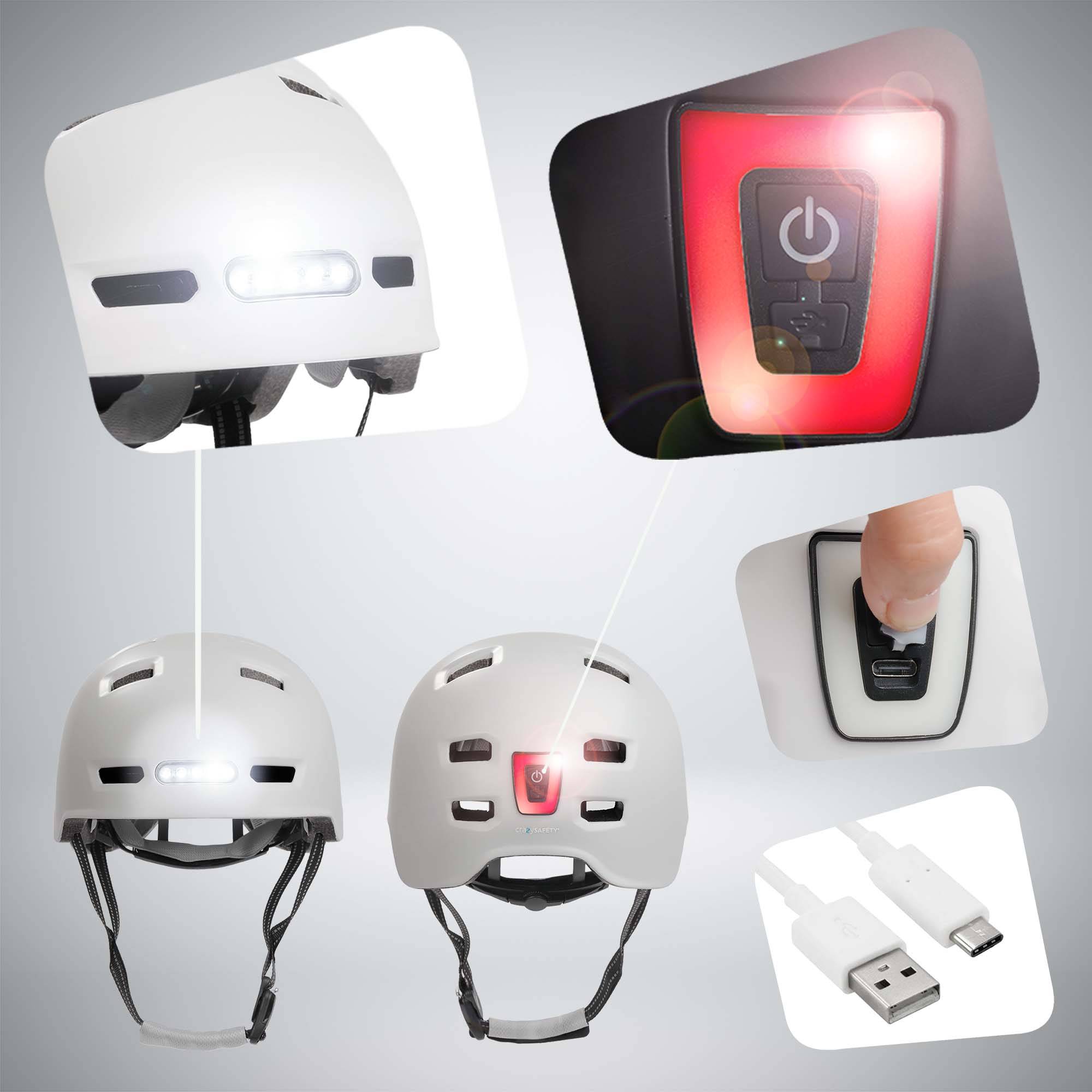 Skater-Fahrradhelm mit Front- und Rücklicht | Matt Weiß M 54-57cm | EN1078