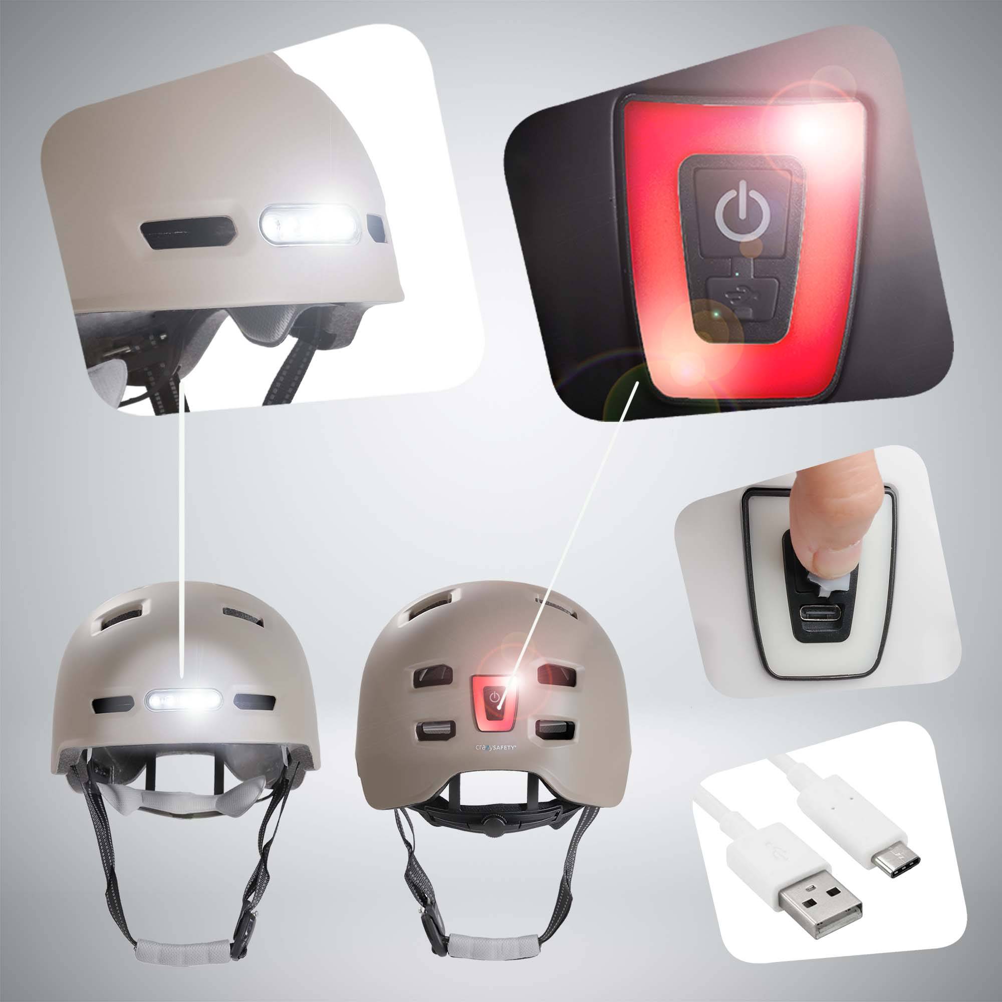 Skater-Fahrradhelm mit Front- und Rücklicht | Sand Farbe L 57-61cm | EN1078