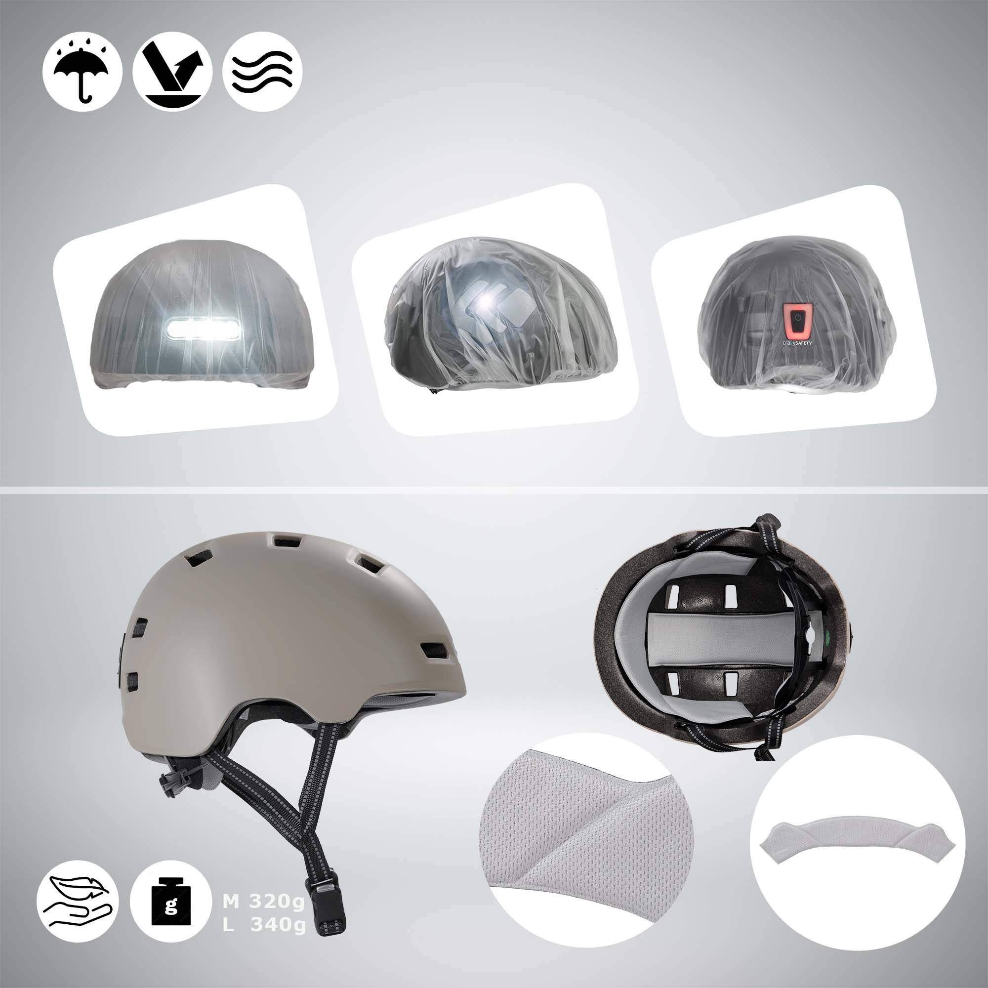 Skater-Fahrradhelm mit Front- und Rücklicht | Sand Farbe L 57-61cm | EN1078