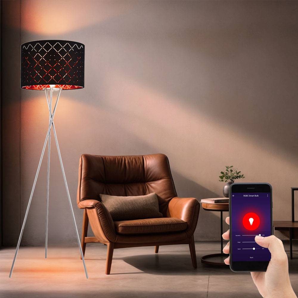Smart Stehlampe Textilschirm schwarz gold Beistellleuchte 3 Bein Stativleuchte dimmbar, App Steuerung CCT, 1x RGB LED 8,5W 806Lm, DxH 62x158 cm