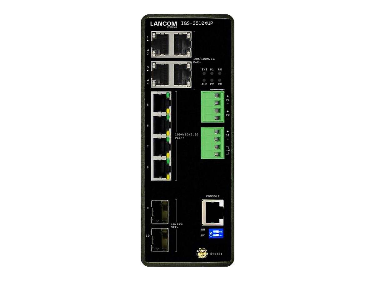 LANCOM IGS-3510XUP Netzwerk-Switch mit mehreren Ethernet-Ports und Stromeingangsschnittstellen auf einem schwarzen rechteckigen Panel.