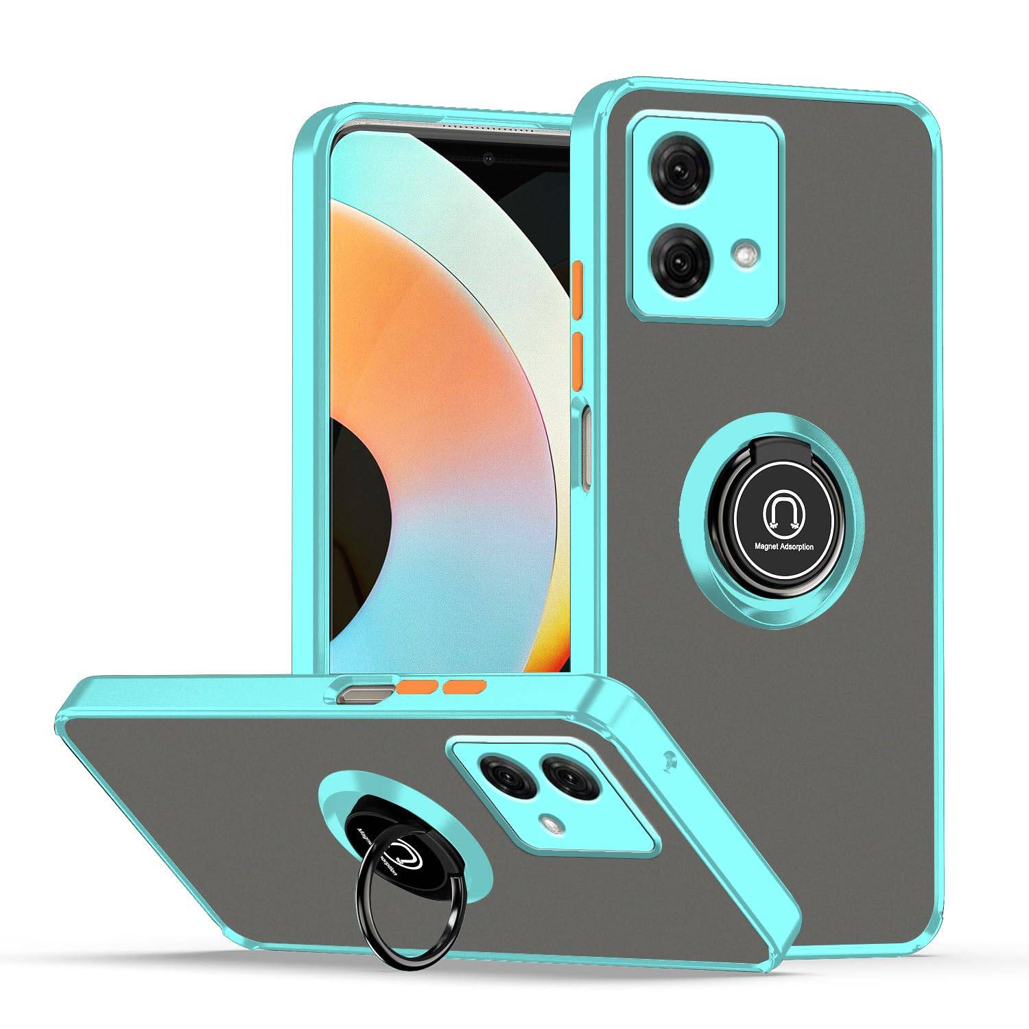 Für Motorola Moto G84 5G Design TPU / PC Handy Hülle Cover + Ring Hellblau / Orange