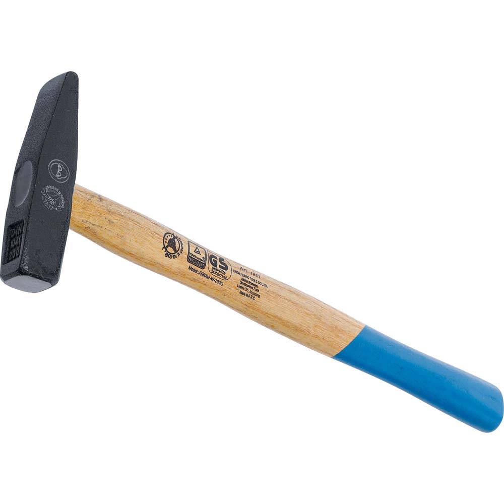 Schlosserhammer - Geschmiedet - Gewicht 200 g - Schwarz lackiert - mit Metallkeil - mit geschweiftem Eschenstiel
