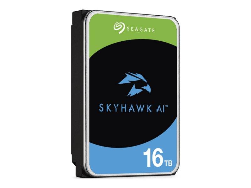 Seagate SkyHawk AI 16TB Festplatte Produktbild, mit einem Etikettendesign in Schwarz und Grün/Blau dargestellt.