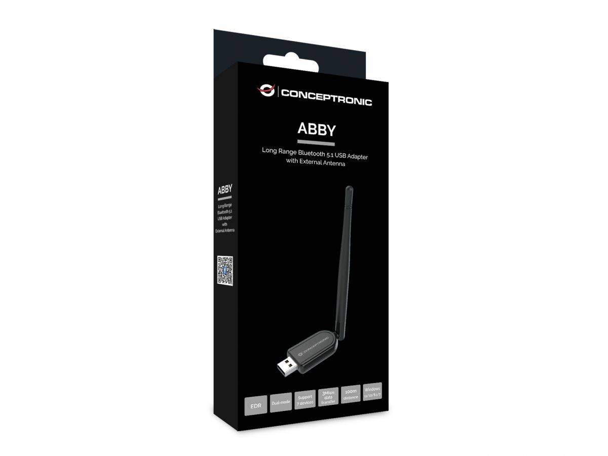 Produktbox für Conceptronic ABBY Bluetooth 5.3 USB-Adapter mit großer Reichweite und externer Antenne, dargestellt in schwarzer Verpackung.