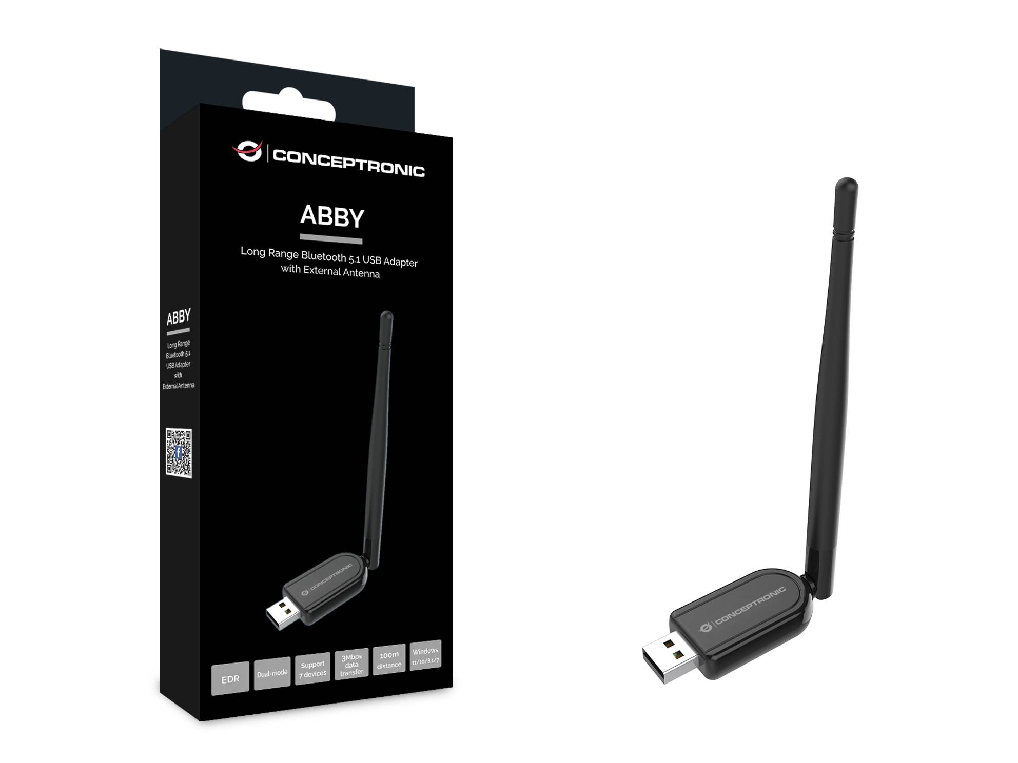 Concepttronic ABBY Long-Range Bluetooth 5.1 USB-Adapter mit externer Antenne, gezeigt in der Box und separat.