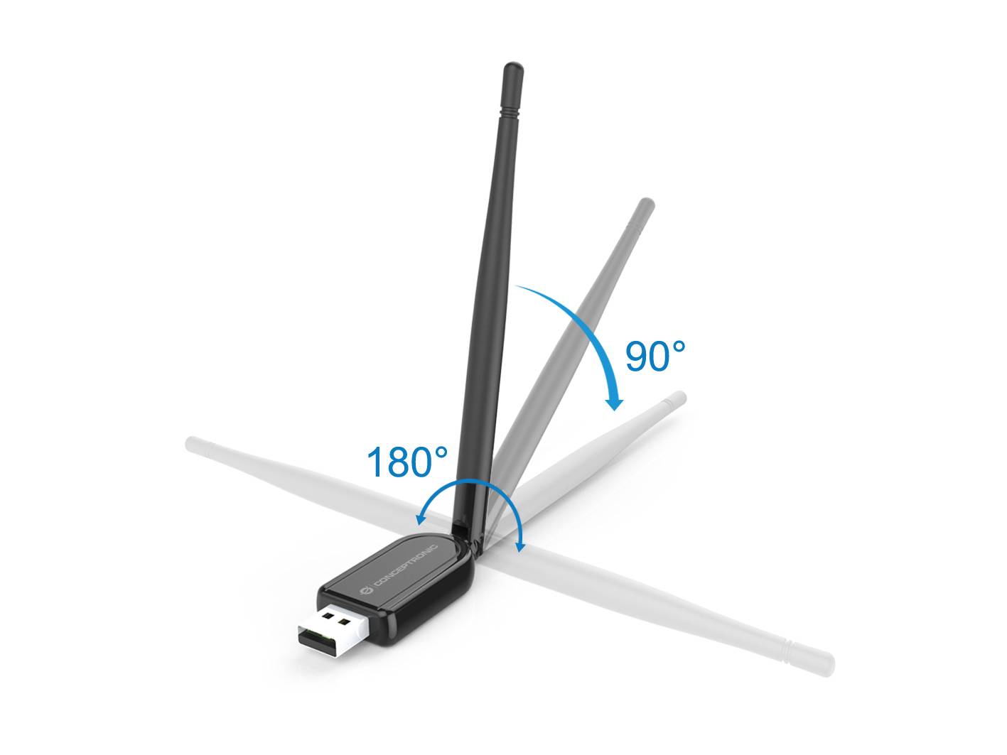 USB-Wi-Fi-Adapter mit verstellbarer Antenne, die in 90°- und 180°-Positionen gezeigt wird, um den Drehbereich zu veranschaulichen.