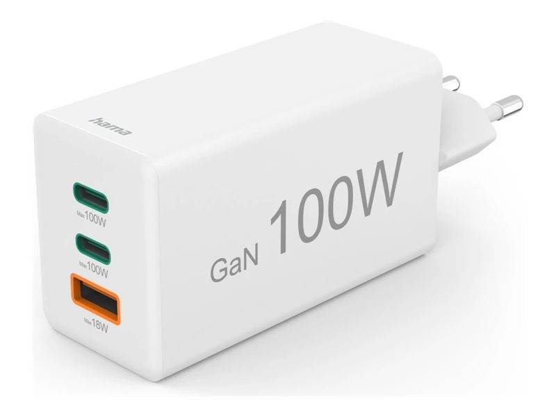 Weiße 100W GaN-Wandladegerät mit drei Anschlüssen: zwei USB-C mit Bezeichnung 100W und eine USB-A mit Bezeichnung 18W.