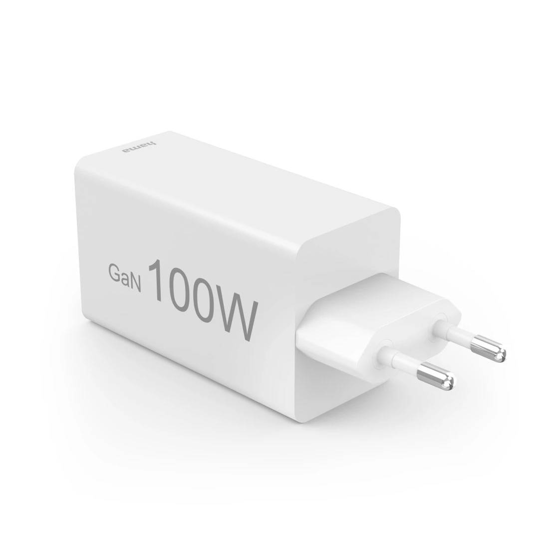 Weißer 100W GaN-Netzteil mit zweipoliger europäischer Steckdose auf schllichtem Hintergrund.