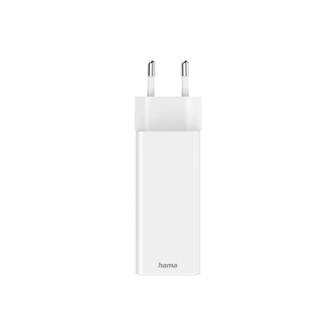 Weißes Hama USB-Wandladegerät mit zweipoliger europäischer Steckdose auf einfachem weißem Hintergrund.
