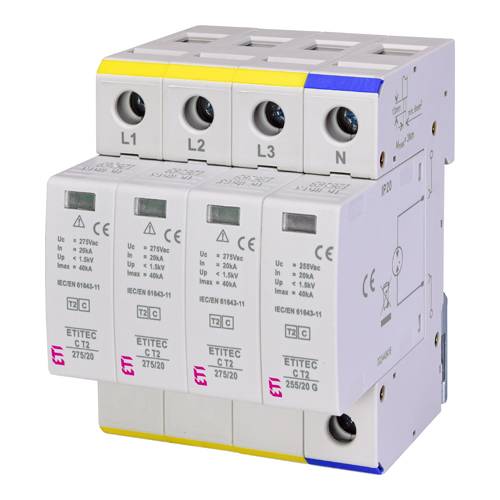 Vierpoliges Überspannungsschutzgerät mit gekennzeichneten Anschlüssen L1, L2, L3 und N, entwickelt für den Spannungsschutz in elektrischen Systemen.