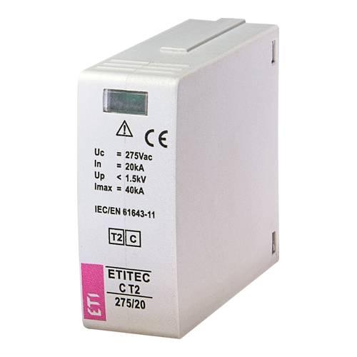 Eine Nahaufnahme eines ETITEC CT2-Überspannungsableiters mit den Spezifikationen: Uc 275Vac, In 20kA, Up < 1,5kV, Imax 40kA, entspricht IEC/EN 61643-11.