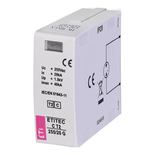 Eine rechteckige elektronische Komponente mit der Aufschrift 'ETITEC C T2 255/20 G', die Spezifikationen für Spannung, Stromstärke und Sicherheitsnormen anzeigt.