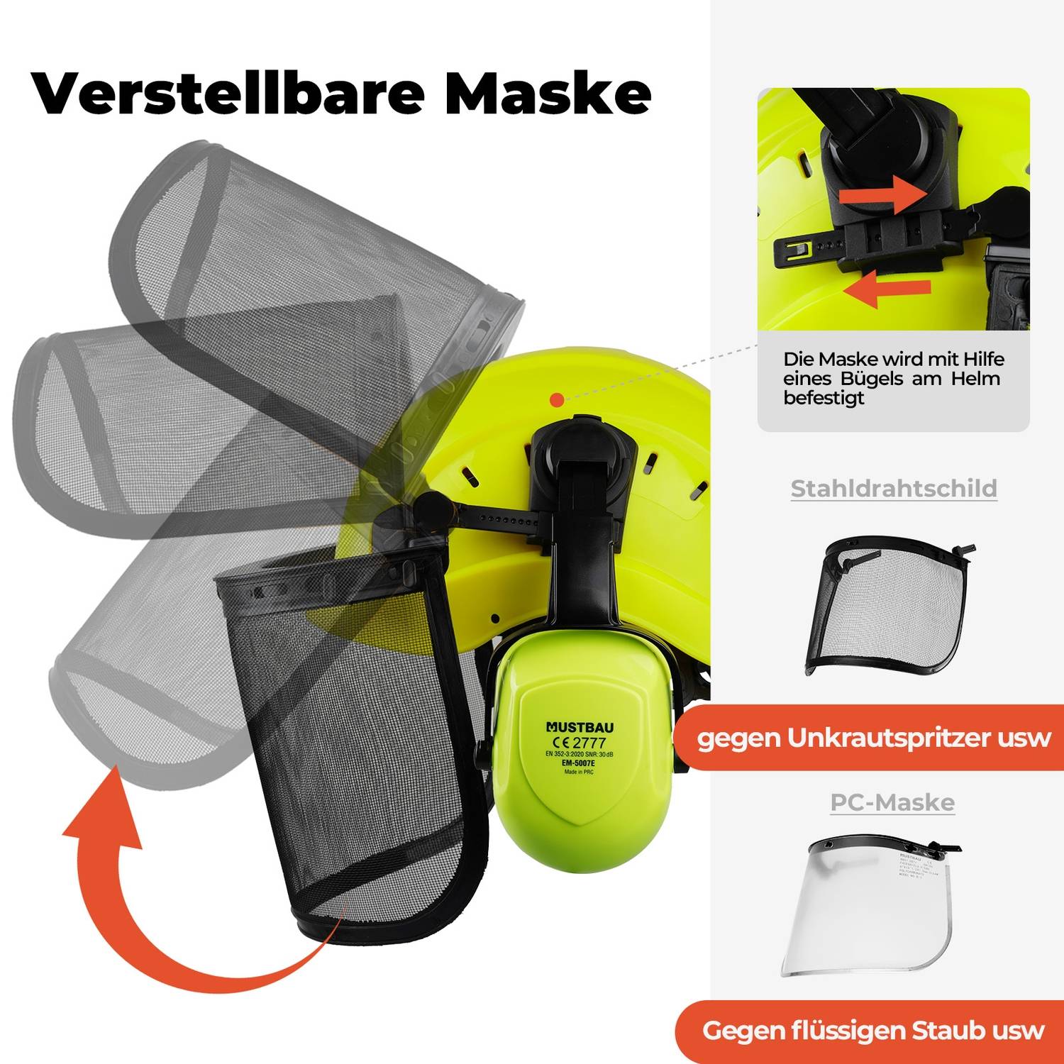 MUSTBAU Sicherheitshelm Schutzhelm Set - EN397 mit Ohrschützern und Netzvisier - Verstellbarer Kopfbügel von 53 bis 63 cm - Ideal für Forstwirtsch