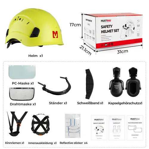 MUSTBAU Sicherheitshelm Schutzhelm Set - EN397 mit Ohrschützern und Netzvisier - Verstellbarer Kopfbügel von 53 bis 63 cm - Ideal für Forstwirtsch MUSTBAU Sicherheitshelm Schutzhelm Set - EN397 mit Ohrschützern und Netzvisier - Verstellbarer Kopfbügel von 53 bis 63 cm - Ideal für Forstwirtsch