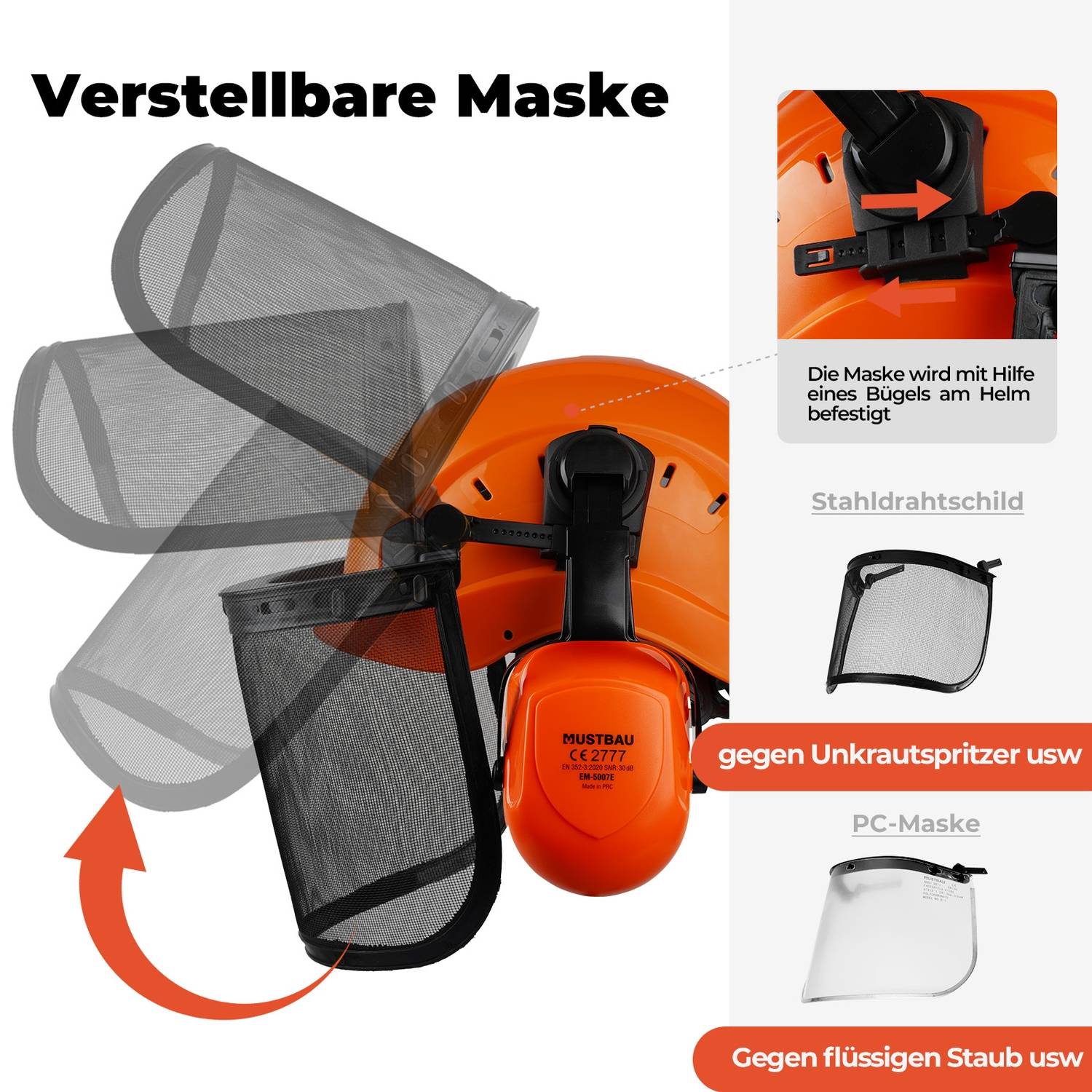 MUSTBAU Sicherheitshelm Schutzhelm Set - EN397 mit Ohrschützern und Netzvisier - Verstellbarer Kopfbügel von 53 bis 63 cm - Ideal für Forstwirtsch