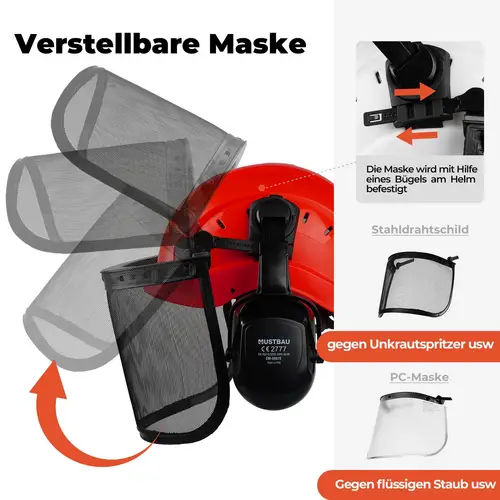 MUSTBAU Sicherheitshelm Schutzhelm Set - EN397 mit Ohrschützer und Netzvisier - Verstellbarer Kopfbügel von 53 bis 63 cm - Ideal für Forstwirtscha MUSTBAU Sicherheitshelm Schutzhelm Set - EN397 mit Ohrschützer und Netzvisier - Verstellbarer Kopfbügel von 53 bis 63 cm - Ideal für Forstwirtscha