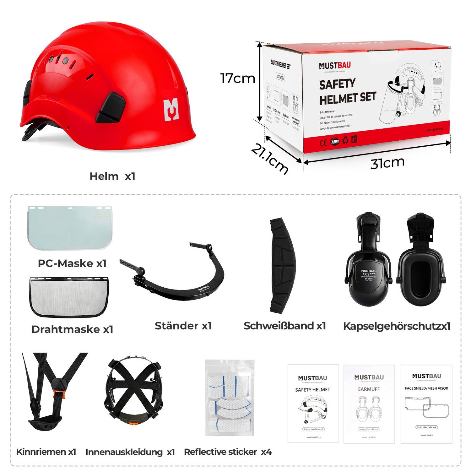 MUSTBAU Sicherheitshelm Schutzhelm Set - EN397 mit Ohrschützer und Netzvisier - Verstellbarer Kopfbügel von 53 bis 63 cm - Ideal für Forstwirtscha
