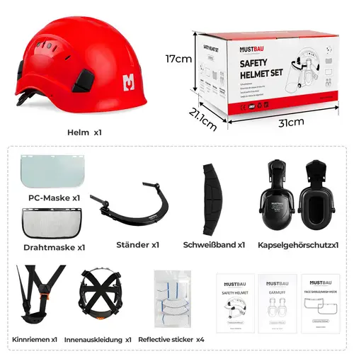 MUSTBAU Sicherheitshelm Schutzhelm Set - EN397 mit Ohrschützer und Netzvisier - Verstellbarer Kopfbügel von 53 bis 63 cm - Ideal für Forstwirtscha MUSTBAU Sicherheitshelm Schutzhelm Set - EN397 mit Ohrschützer und Netzvisier - Verstellbarer Kopfbügel von 53 bis 63 cm - Ideal für Forstwirtscha