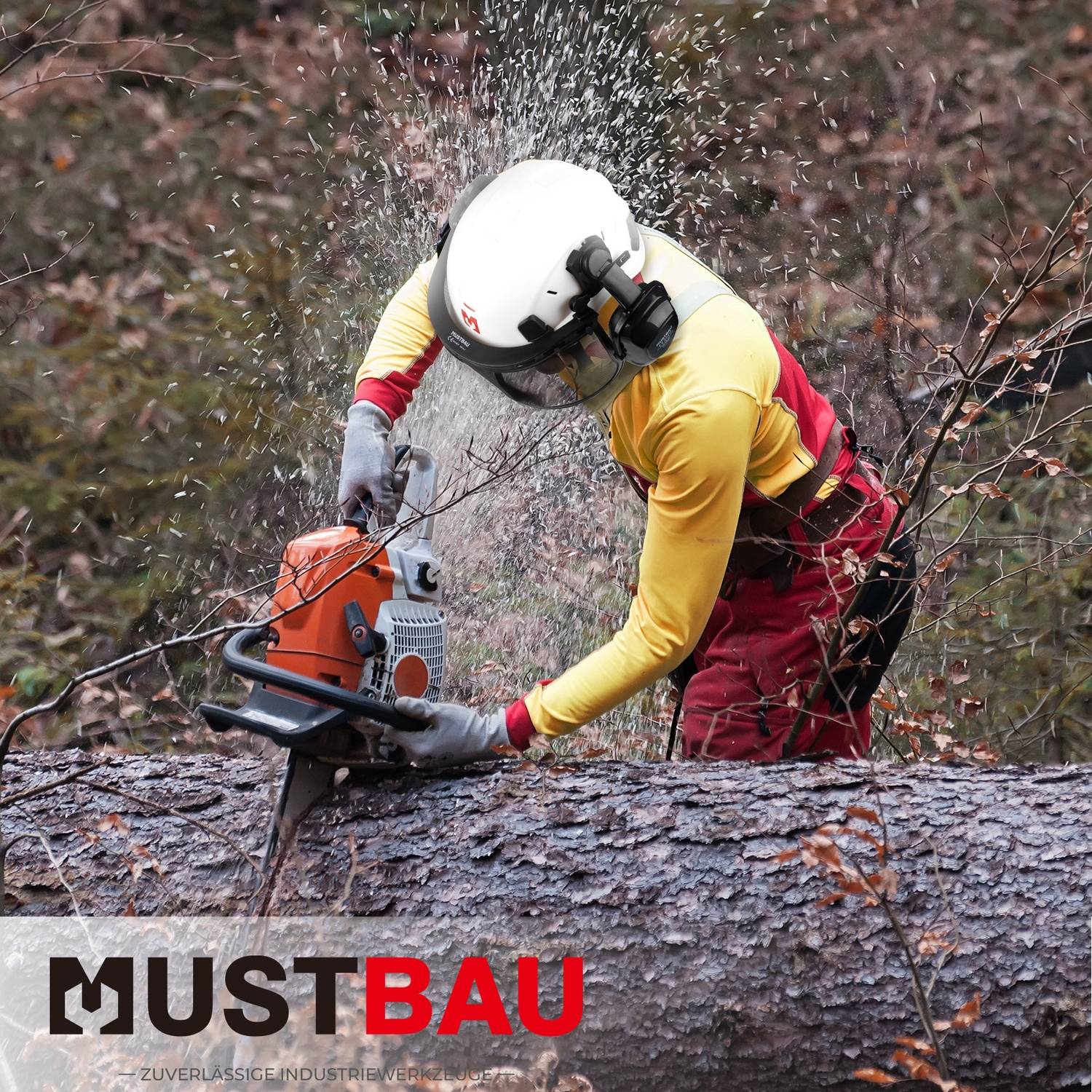 MUSTBAU Sicherheitshelm Schutzhelm Set - EN397 mit Ohrschützern und Netzvisier - Verstellbarer Kopfbügel von 53 bis 63 cm - Ideal für Forstwirtsch