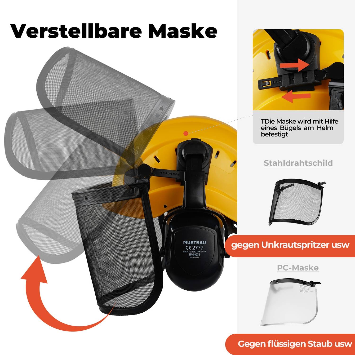 MUSTBAU Sicherheitshelm Schutzhelm Set - EN397 mit Ohrschützern und Netzvisier - Verstellbarer Kopfbügel von 53 bis 63 cm - Ideal für Forstwirtsch