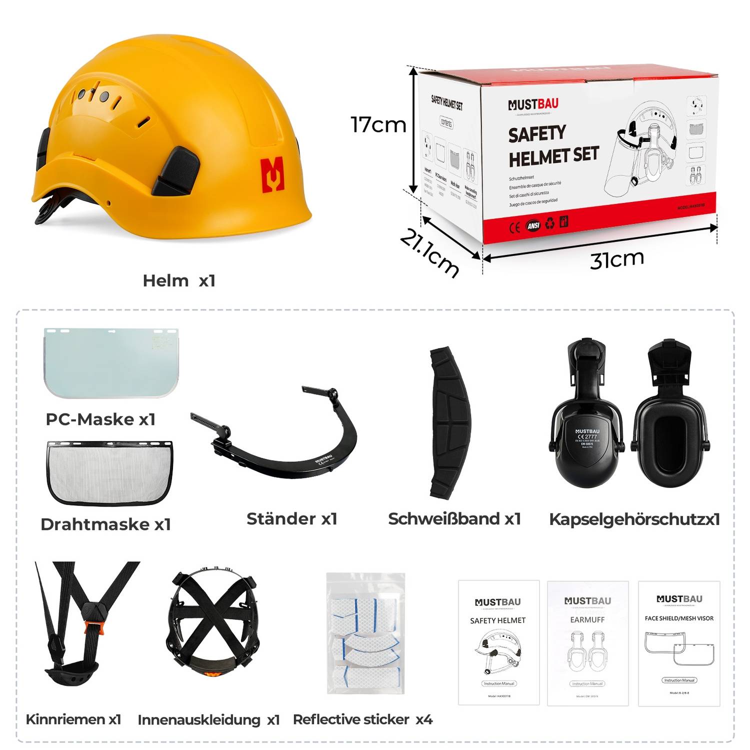 MUSTBAU Sicherheitshelm Schutzhelm Set - EN397 mit Ohrschützern und Netzvisier - Verstellbarer Kopfbügel von 53 bis 63 cm - Ideal für Forstwirtsch
