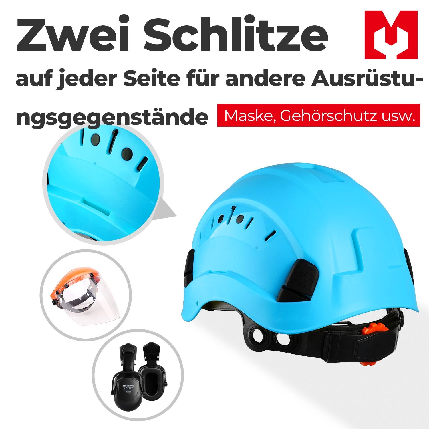 Mustbau Sicherheitshelm-Set - Schutzhelm mit Schutzbrille, Verstellbarer Kopfriemen von 53 bis 63 cm