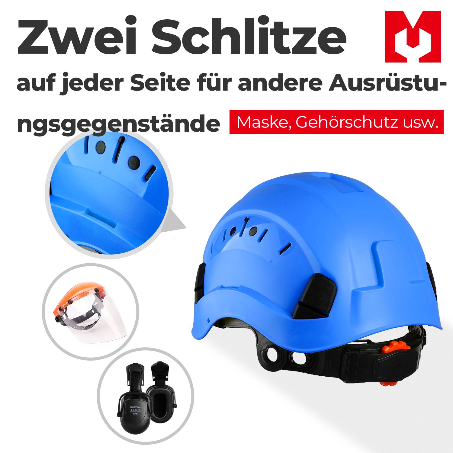 Mustbau Sicherheitshelm-Set - Schutzhelm mit Schutzbrille, Verstellbarer Kopfriemen von 53 bis 63 cm