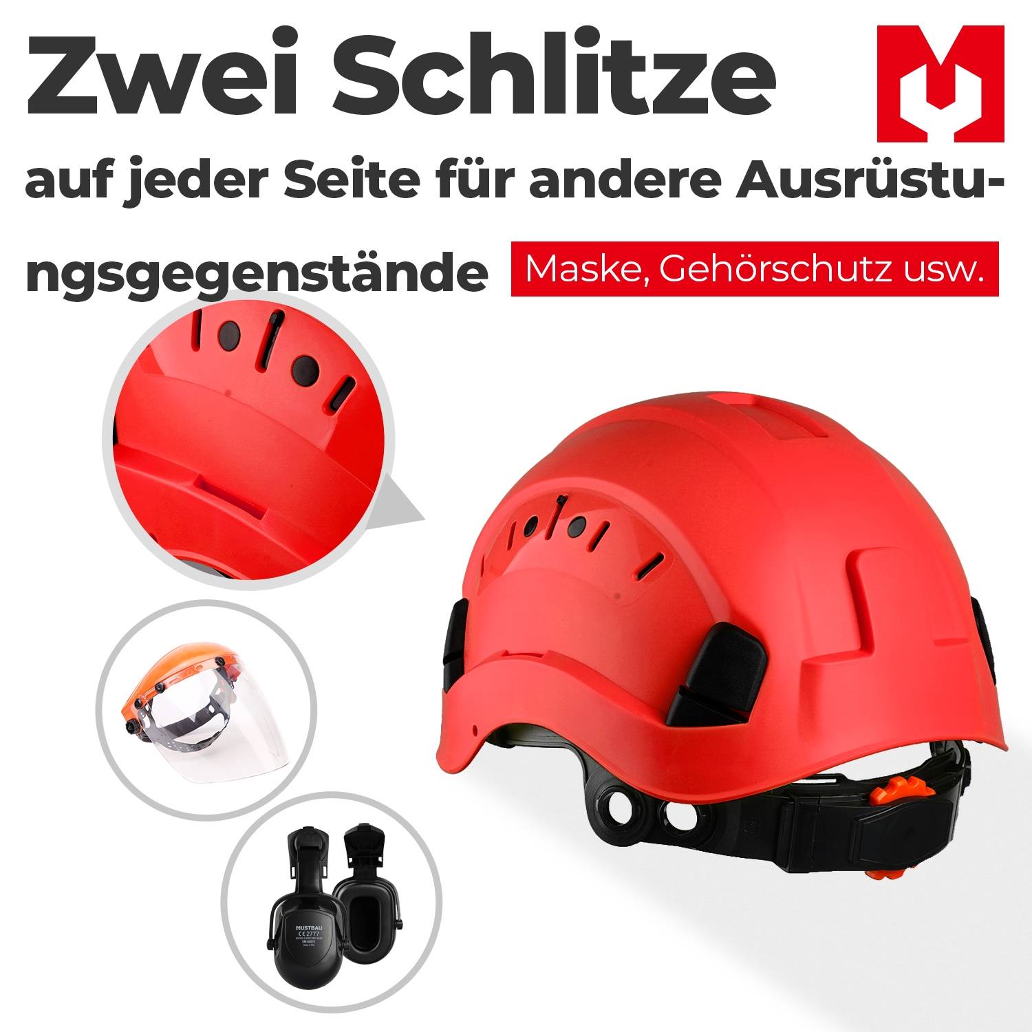 Mustbau Sicherheitshelm-Set - Schutzhelm mit Schutzbrille, Verstellbarer Kopfriemen von 53 bis 63 cm