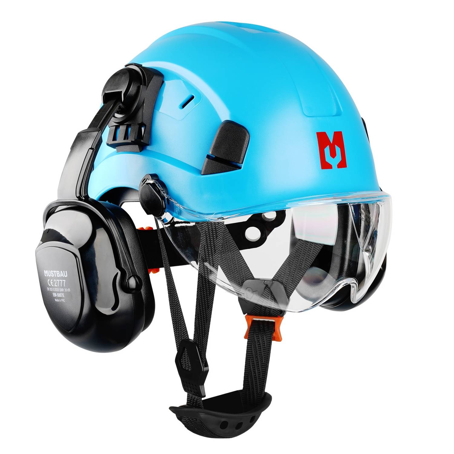 Mustbau Sicherheitshelm-Set, EN397 Schutzhelm mit Ohr- und Gesichtsschutz, verstellbares Kopfband von 53 bis 63 cm, strapazierfähiges ABS-Material