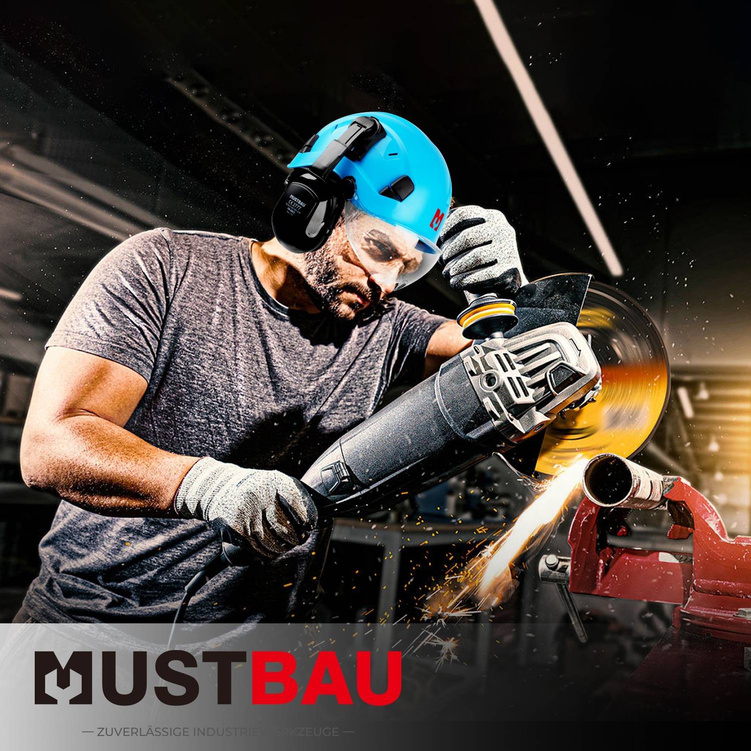 Mustbau Sicherheitshelm-Set, EN397 Schutzhelm mit Ohr- und Gesichtsschutz, verstellbares Kopfband von 53 bis 63 cm, strapazierfähiges ABS-Material