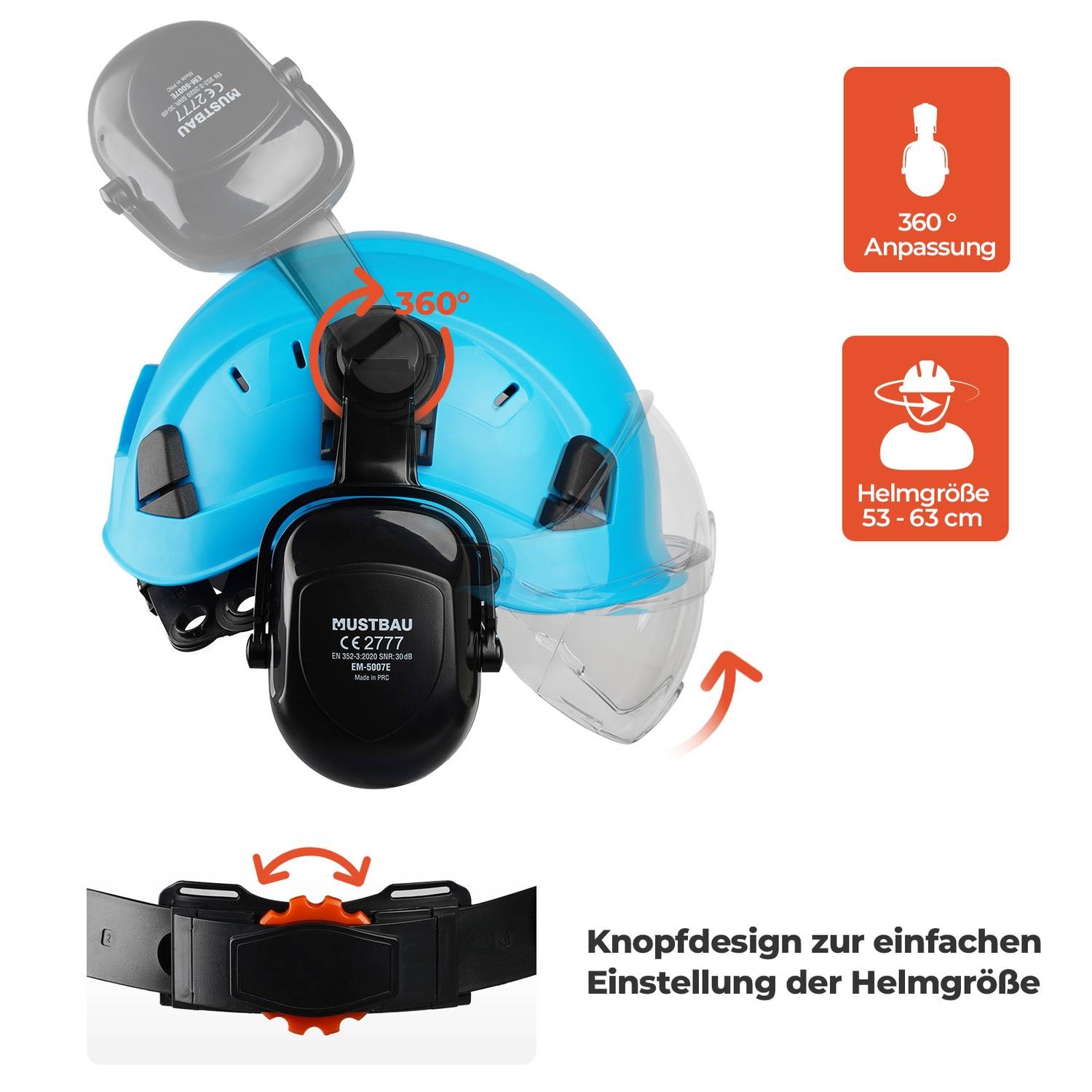 Mustbau Sicherheitshelm-Set, EN397 Schutzhelm mit Ohr- und Gesichtsschutz, verstellbares Kopfband von 53 bis 63 cm, strapazierfähiges ABS-Material