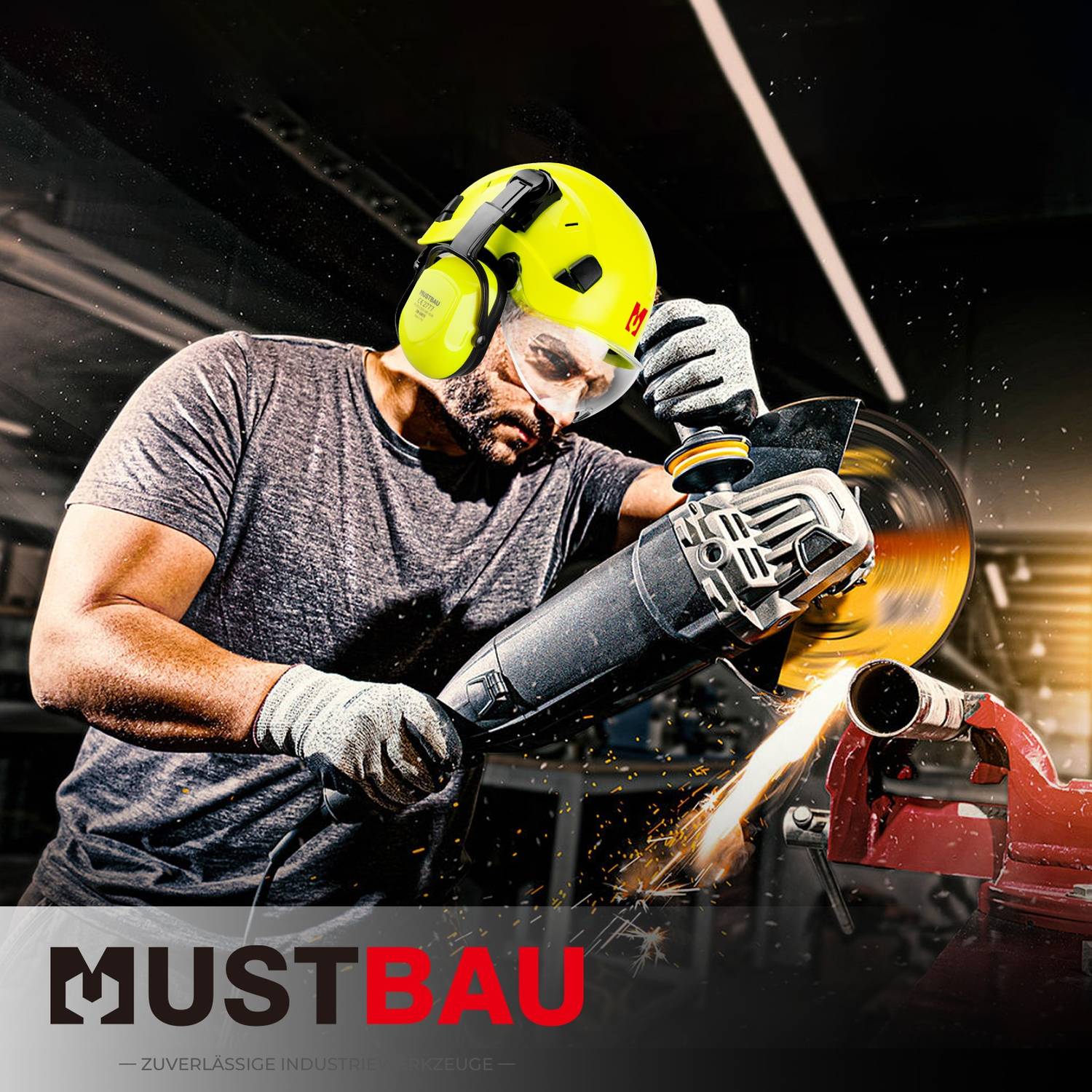 Mustbau Sicherheitshelm-Set, EN397 Schutzhelm mit Ohr- und Gesichtsschutz, verstellbares Kopfband von 53 bis 63 cm, strapazierfähiges ABS-Material