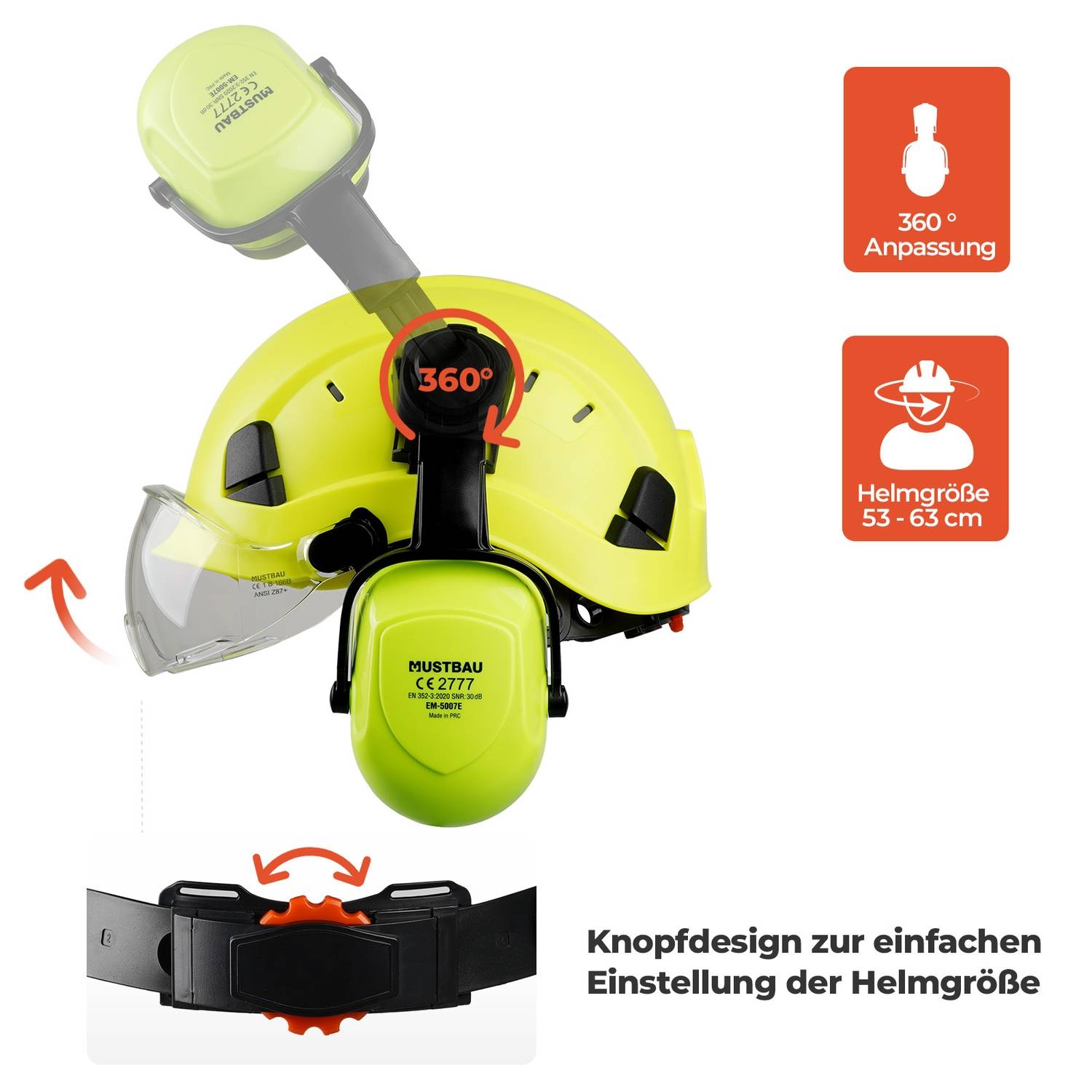 Mustbau Sicherheitshelm-Set, EN397 Schutzhelm mit Ohr- und Gesichtsschutz, verstellbares Kopfband von 53 bis 63 cm, strapazierfähiges ABS-Material