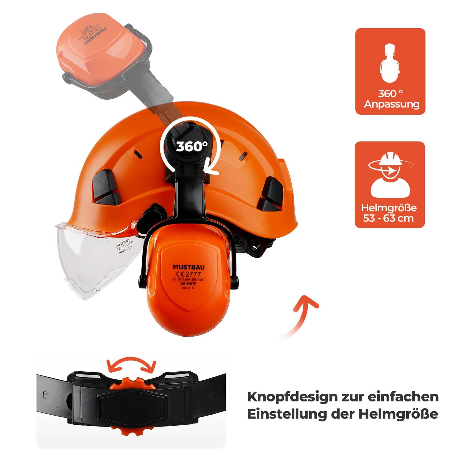 Mustbau Sicherheitshelm-Set, EN397 Schutzhelm mit Ohr- und Gesichtsschutz, verstellbares Kopfband von 53 bis 63 cm, strapazierfähiges ABS-Material