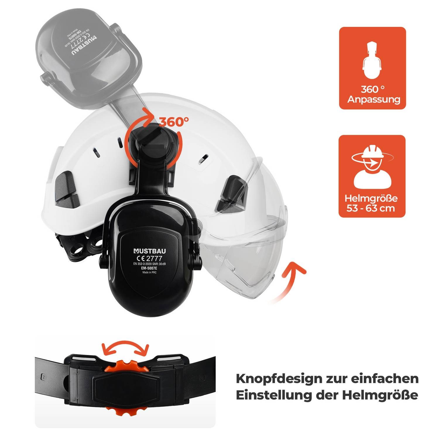 Mustbau Sicherheitshelm-Set, EN397 Schutzhelm mit Ohr- und Gesichtsschutz, verstellbares Kopfband von 53 bis 63 cm, strapazierfähiges ABS-Material