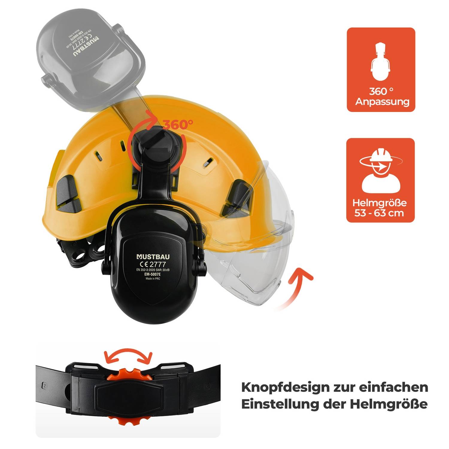 Mustbau Sicherheitshelm-Set, EN397 Schutzhelm mit Ohr- und Gesichtsschutz, verstellbares Kopfband von 53 bis 63 cm, strapazierfähiges ABS-Material