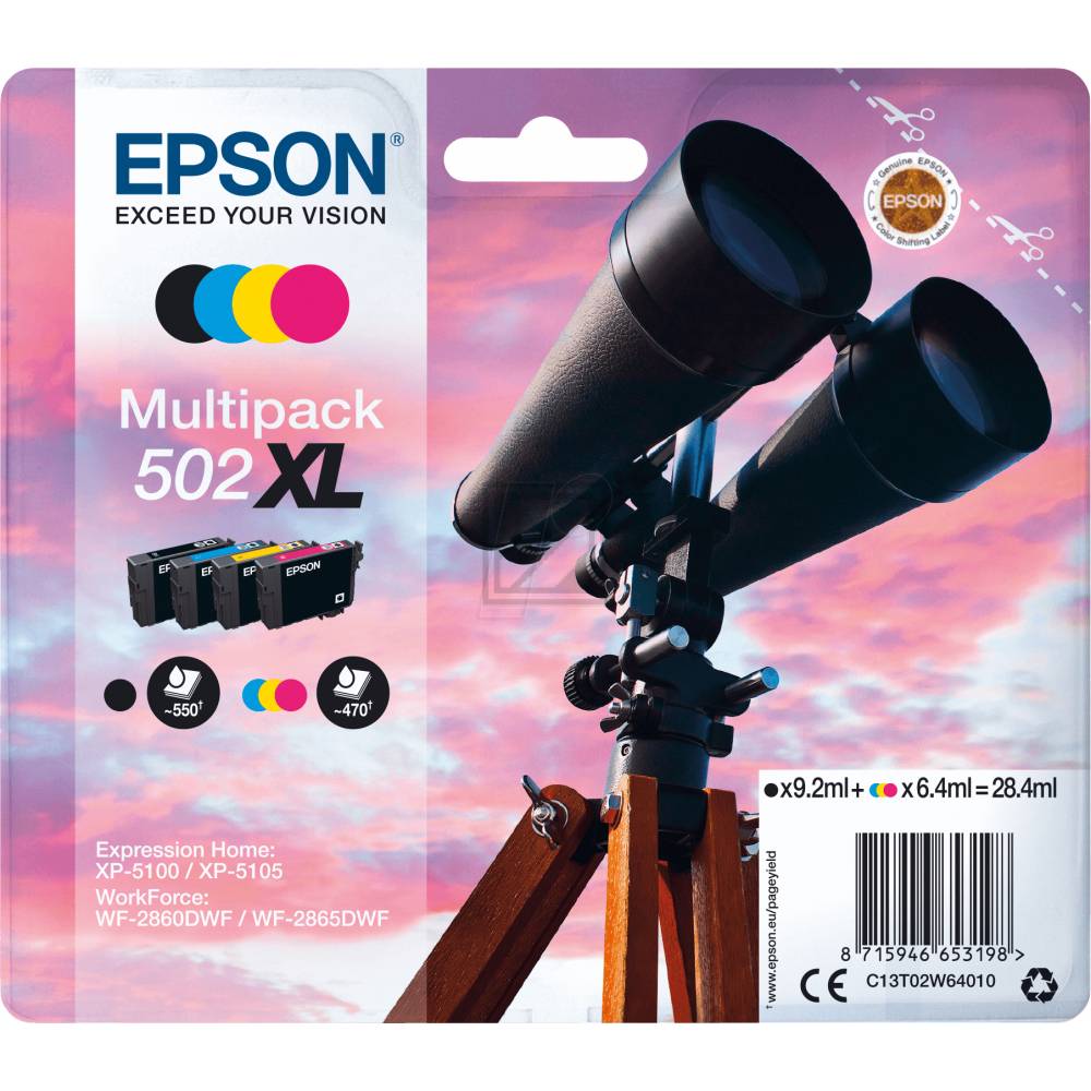 Epson Tintenpatrone gelb, magenta, schwarz, cyan HC (C13T02W64010, 502XL)