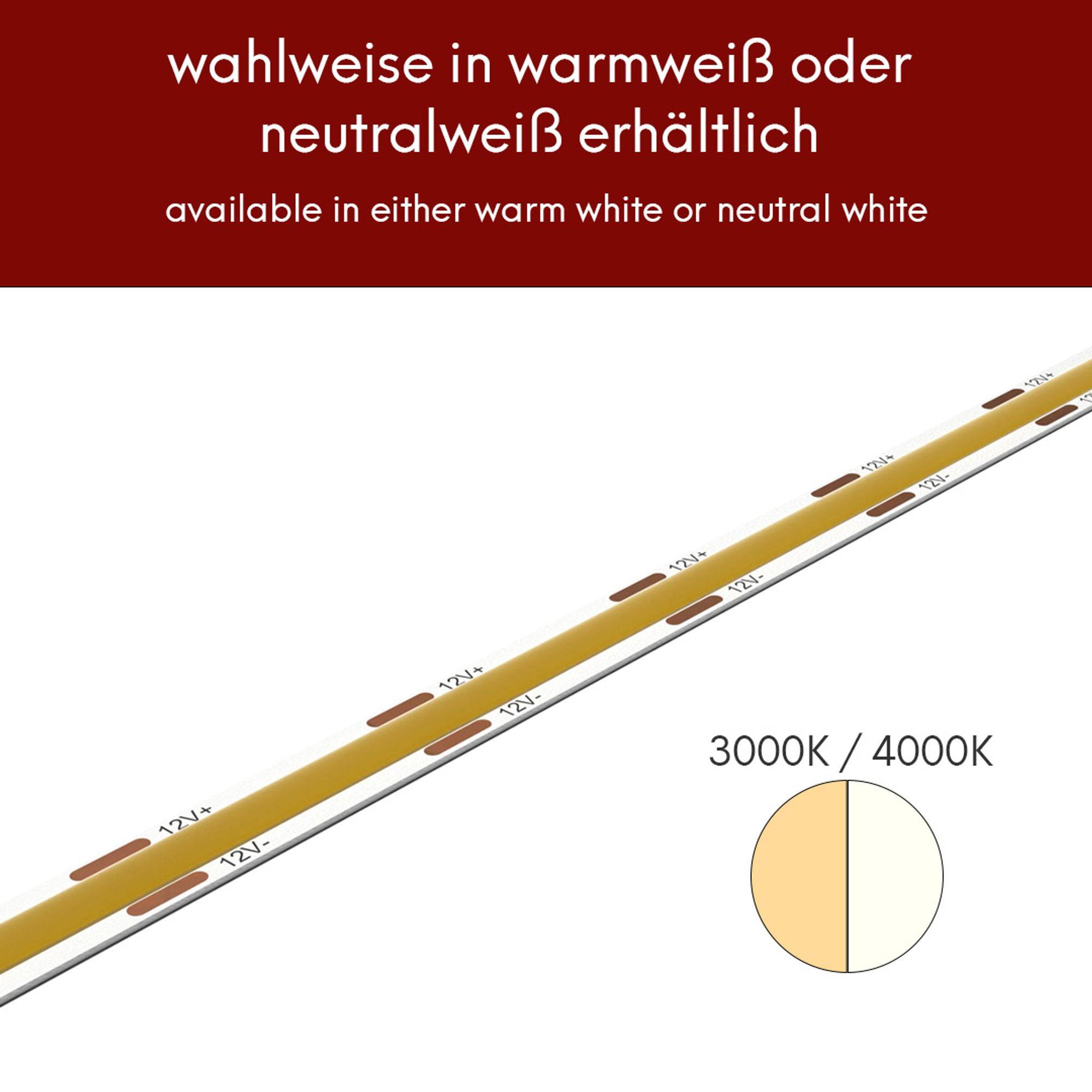 kalb | LED COB Strip, 12V, 320Stk/Meter, 5m Rolle, max. 10W/m, warmweiß / 3000K