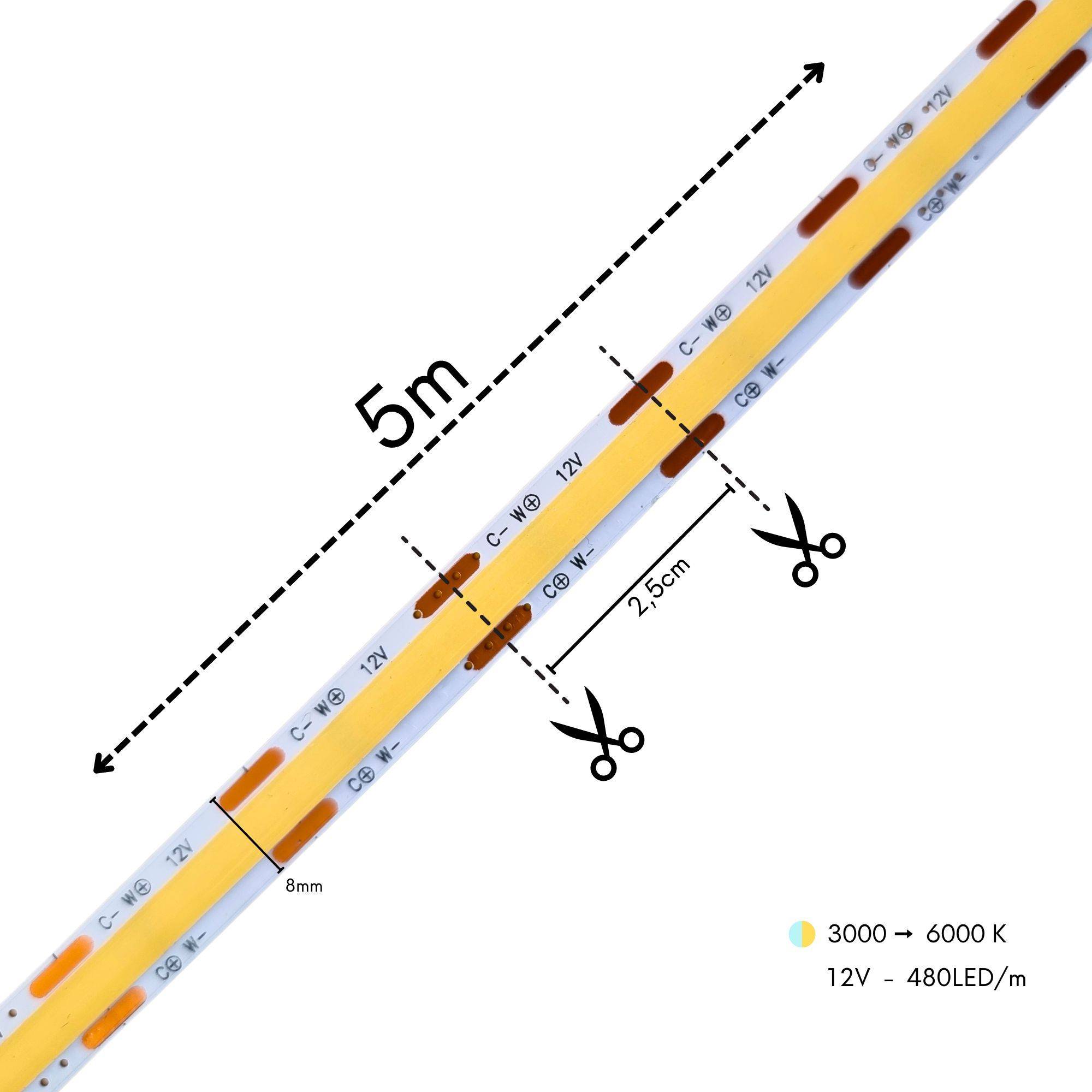 Kalb LED COB CCT Strip 12VDC, 5m Rolle, 480 LEDs/m, 8W/m, Flexibel, Selbstklebend, Nahtlose Beleuchtung, 3000K-6000K, COB Technik, Für Möbel & Raumb